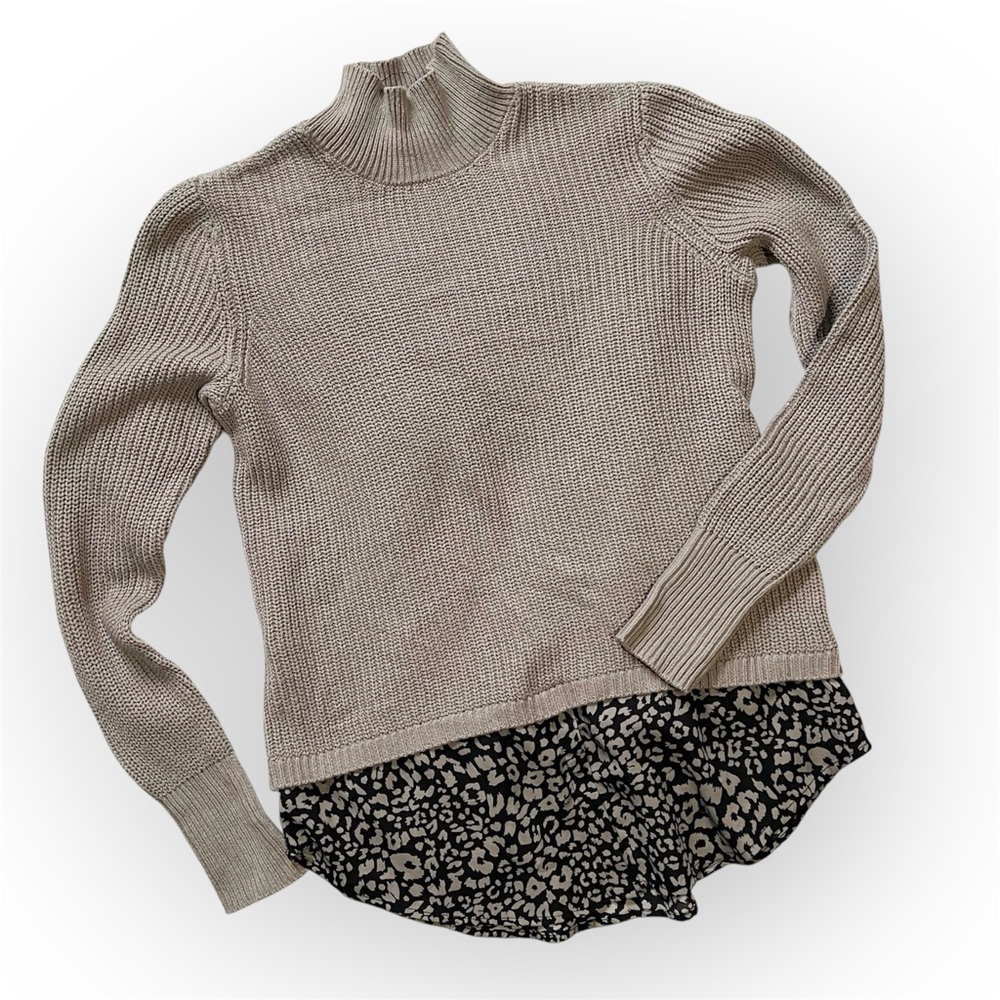 NWOT Apt 9 chunky knit layered dressy mockneck sweater taupe black leopard small